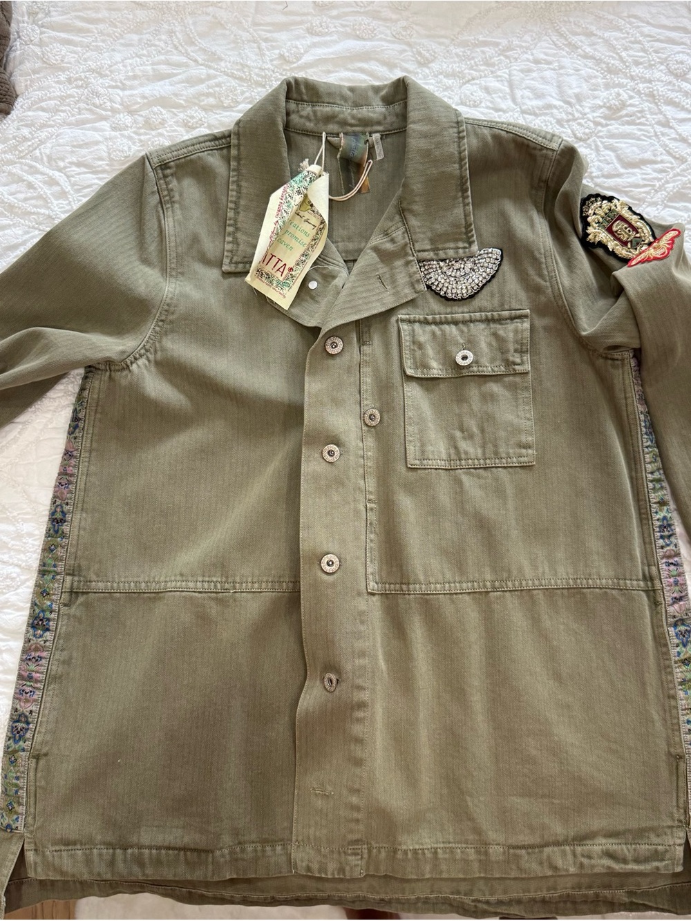 Aratta NWT Olive Green Military-Style Field Jacket with Patch Details